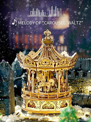 Puzzle 3D Boîte à Musique - Carrousel Mécanique en Bois - GoCrazyPuzzle