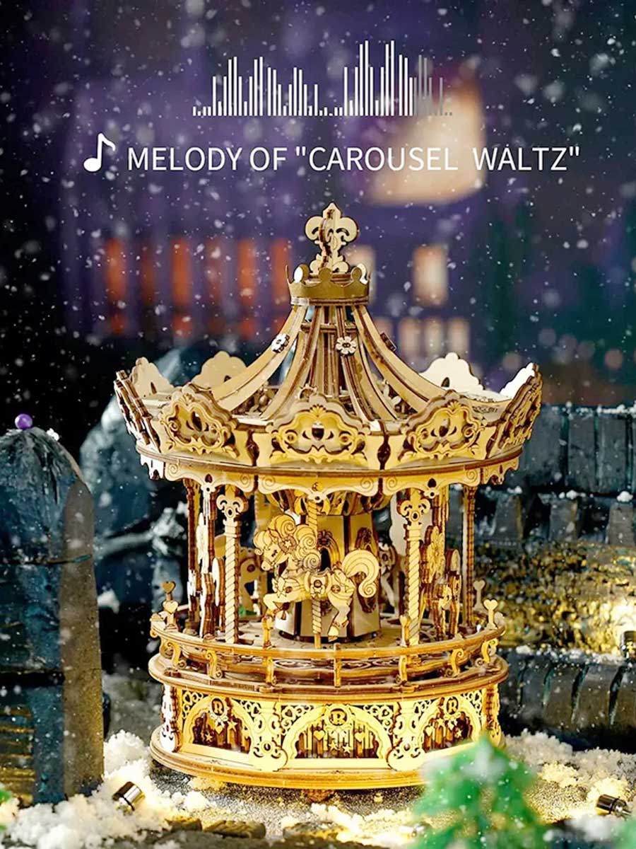 Puzzle 3D Boîte à Musique - Carrousel Mécanique en Bois - GoCrazyPuzzle